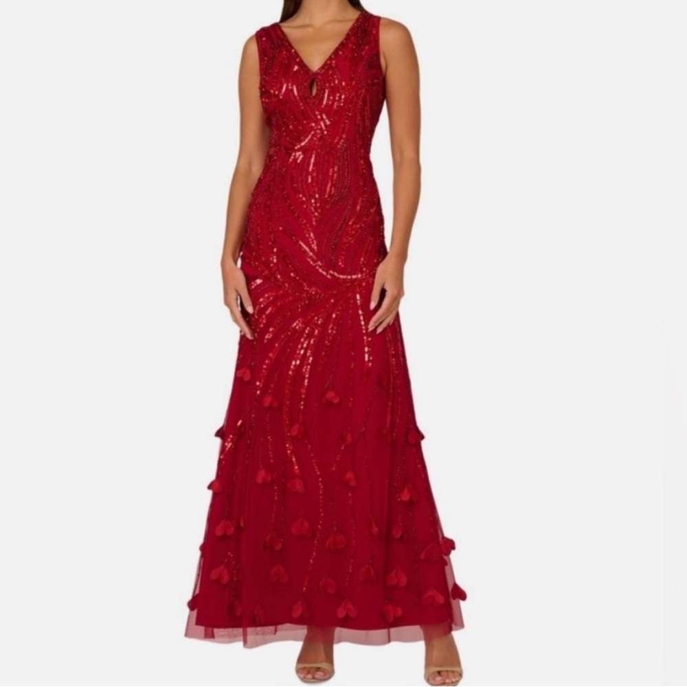 NWOT - Adrianna Papell Red Sequin Embellished Maxi Dress with Hearts